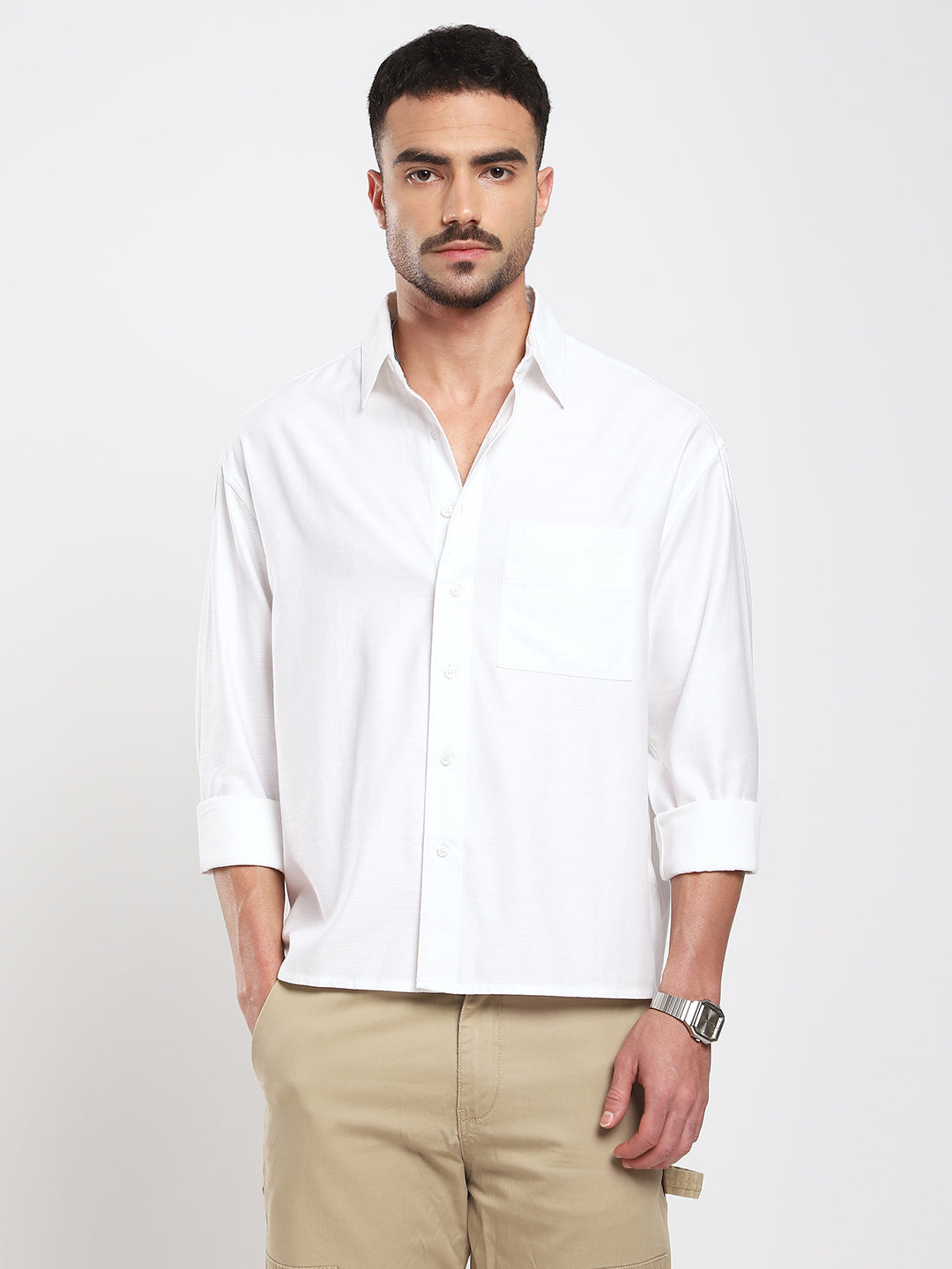 Pearl White Refined Slub Texture Oversized Crop Shirt