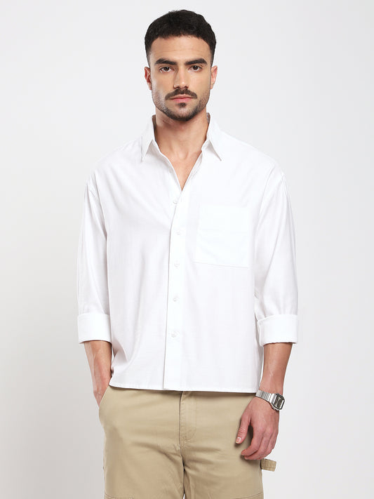 Pearl White Refined Slub Texture Oversized Crop Shirt