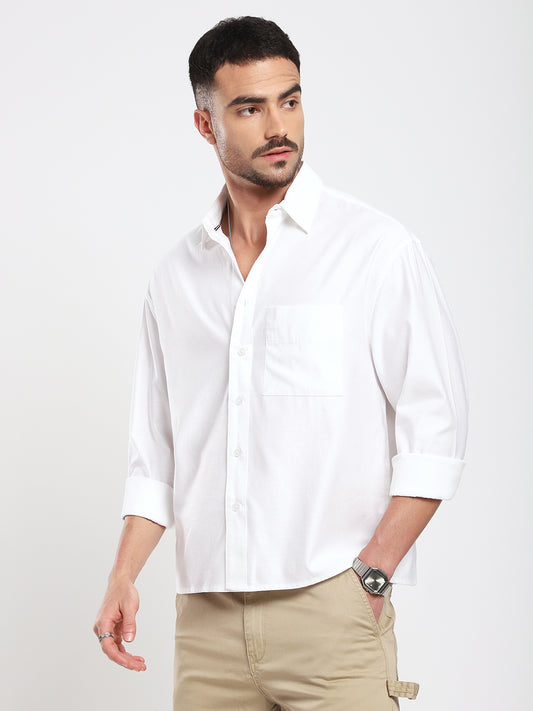 Pearl White Refined Slub Texture Oversized Crop Shirt
