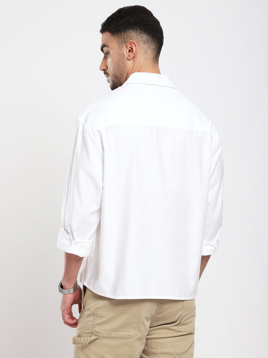 Pearl White Refined Slub Texture Oversized Crop Shirt