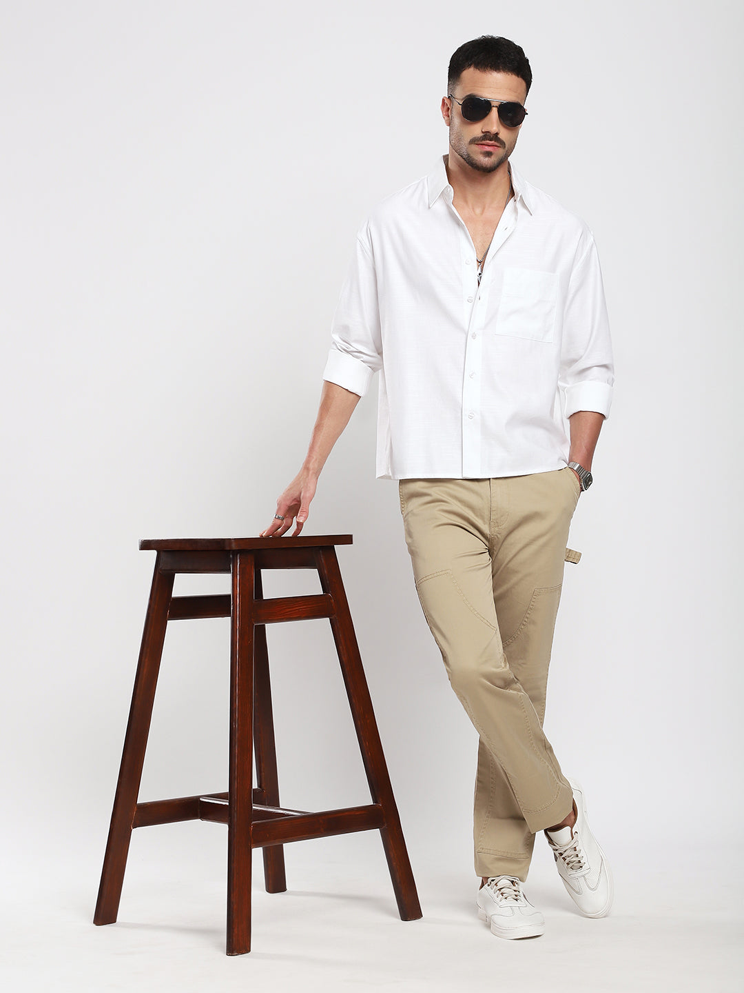 Pearl White Refined Slub Texture Oversized Crop Shirt