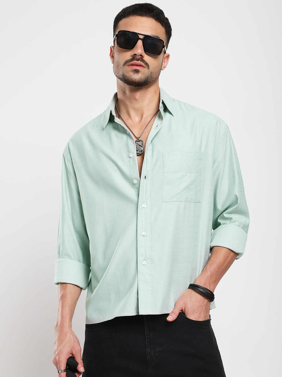 Pastel Green Slub Texture Oversized Crop Shirt