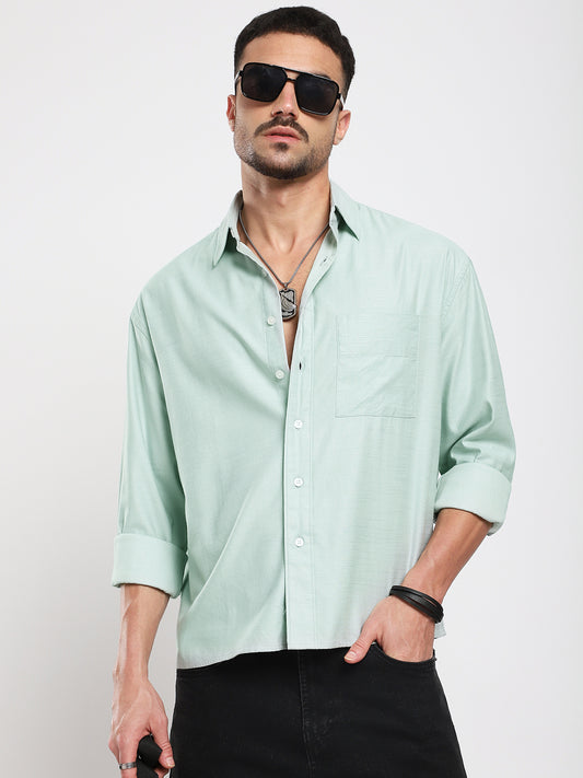 Pastel Green Slub Texture Oversized Crop Shirt