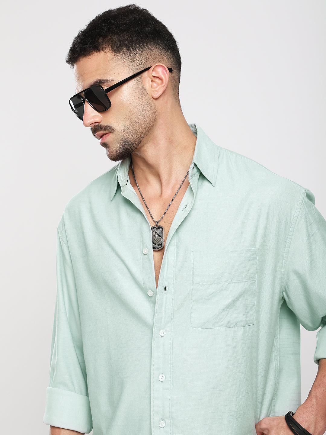 Pastel Green Slub Texture Oversized Crop Shirt