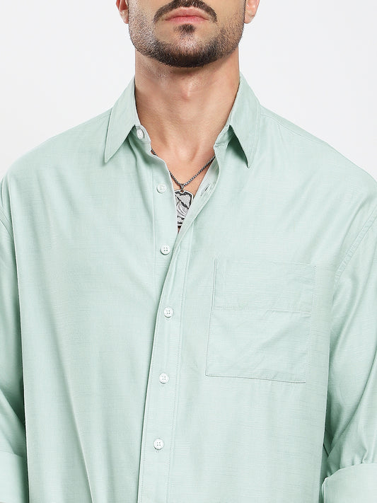 Pastel Green Slub Texture Oversized Crop Shirt