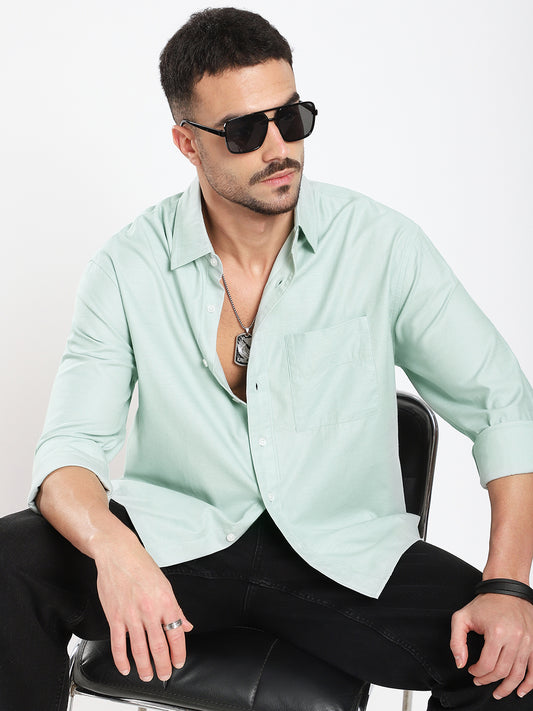 Pastel Green Slub Texture Oversized Crop Shirt