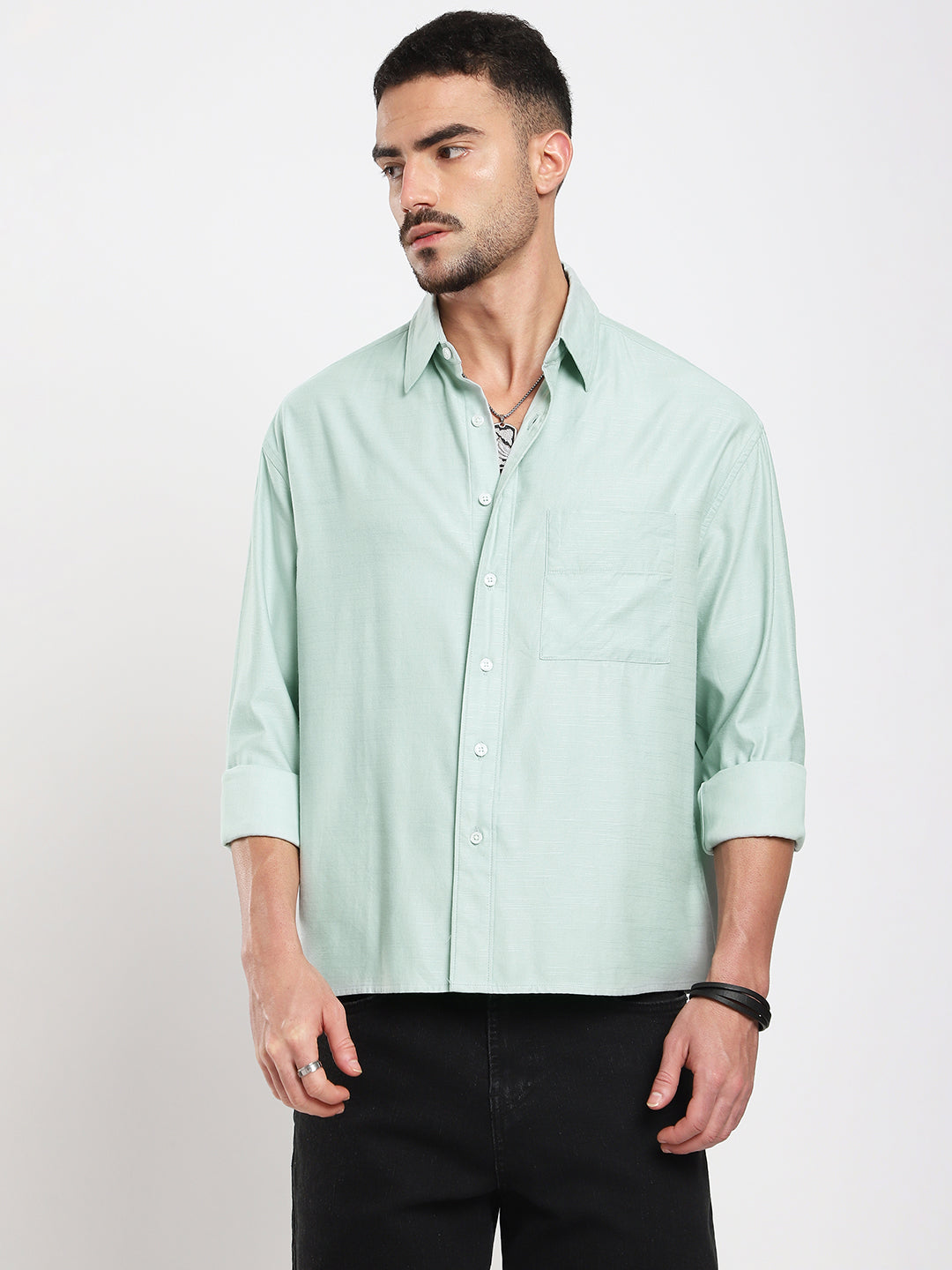 Pastel Green Slub Texture Oversized Crop Shirt