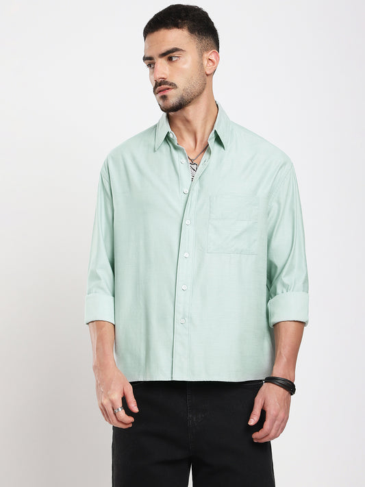 Pastel Green Slub Texture Oversized Crop Shirt