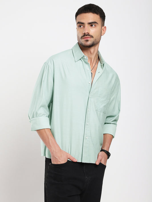 Pastel Green Slub Texture Oversized Crop Shirt