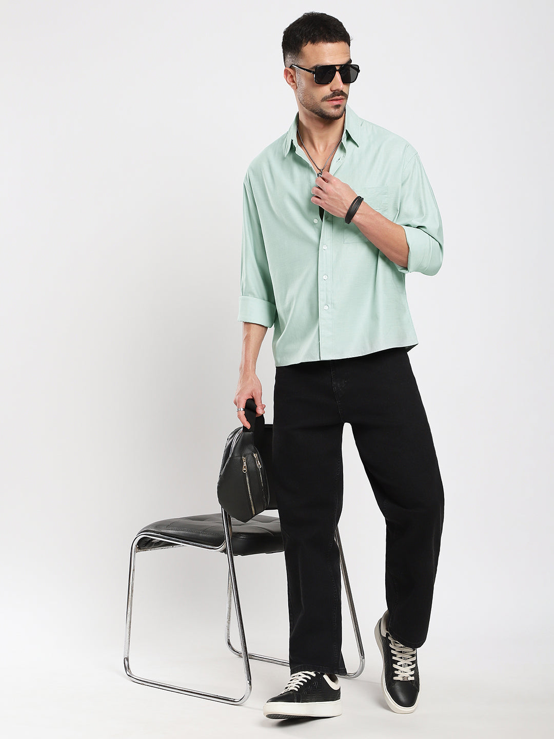 Pastel Green Slub Texture Oversized Crop Shirt