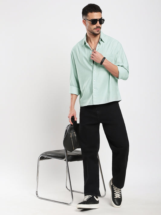 Pastel Green Slub Texture Oversized Crop Shirt