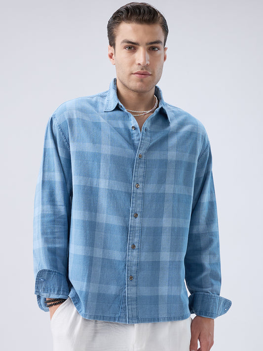 Arctic Mist Denim Shadow Checks Boxy Fit Crop Shirt