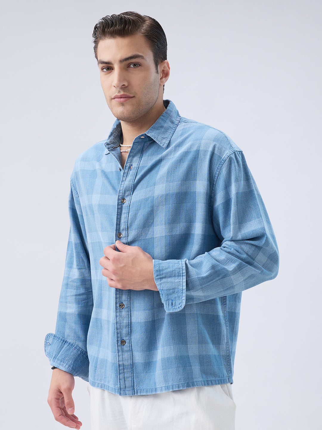 Arctic Mist Denim Shadow Checks Boxy Fit Crop Shirt