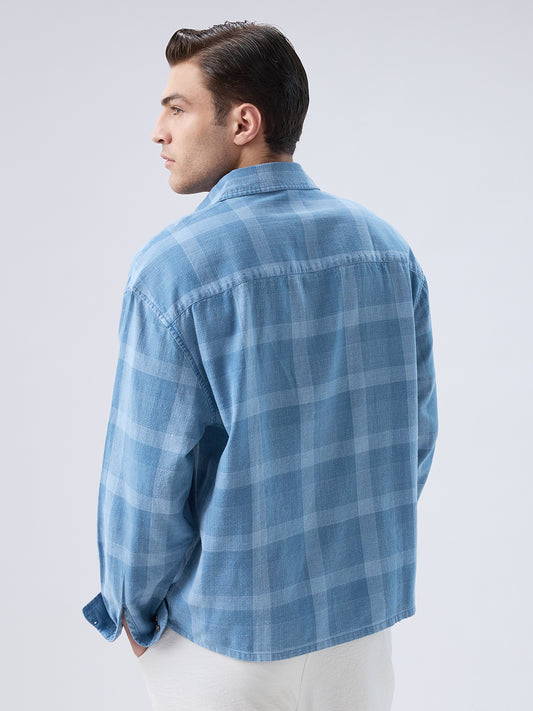 Arctic Mist Denim Shadow Checks Boxy Fit Crop Shirt