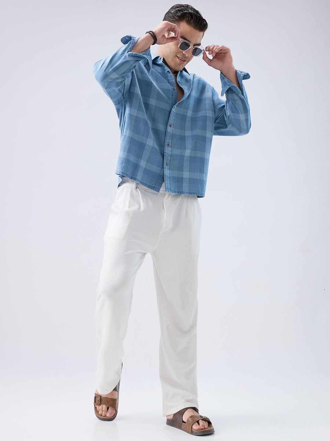 Arctic Mist Denim Shadow Checks Boxy Fit Crop Shirt