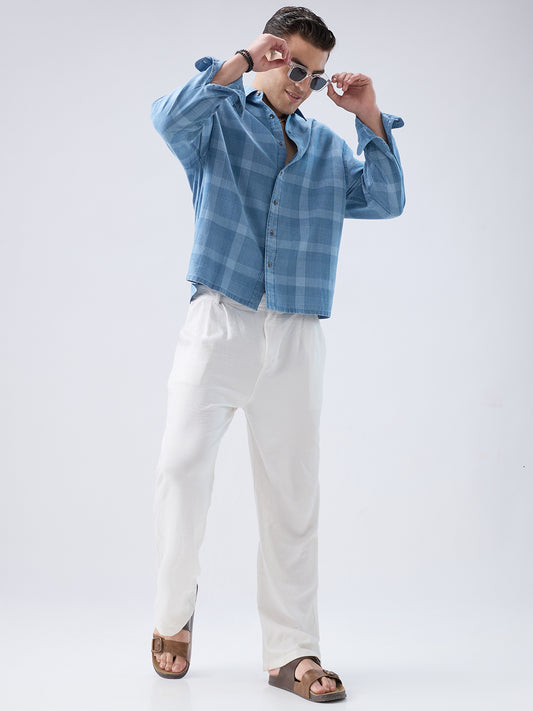 Arctic Mist Denim Shadow Checks Boxy Fit Crop Shirt