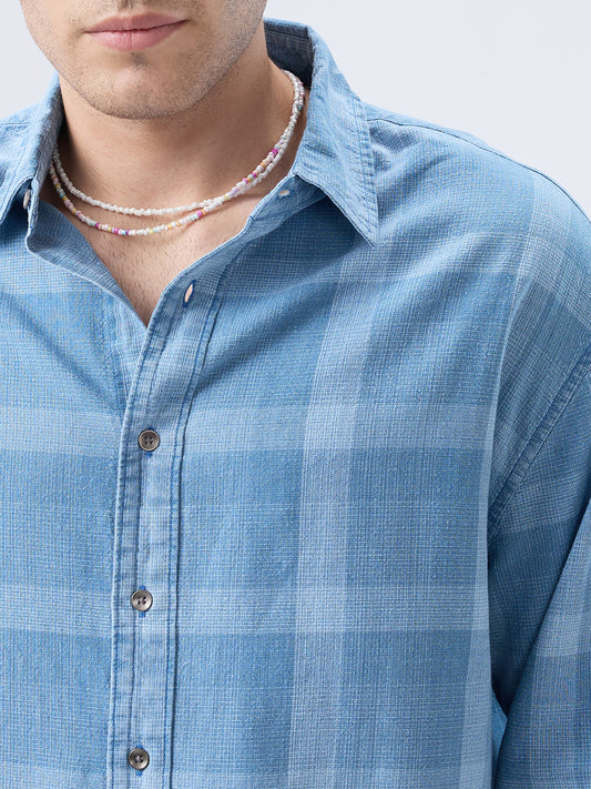 Arctic Mist Denim Shadow Checks Boxy Fit Crop Shirt