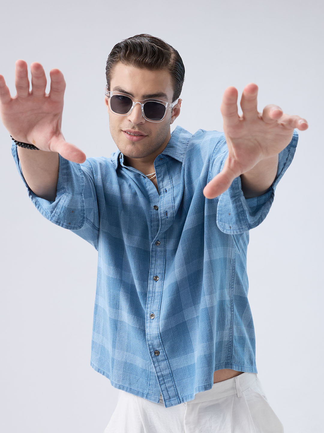 Arctic Mist Denim Shadow Checks Boxy Fit Crop Shirt