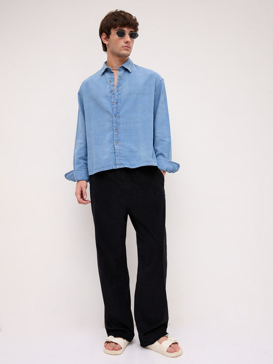 Premium Denim Fine Box Checks Boxy Fit Crop Shirt