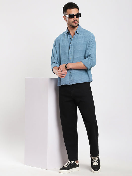 Denim Blue Crosshatch Textured  Boxy Fit Crop Shirt