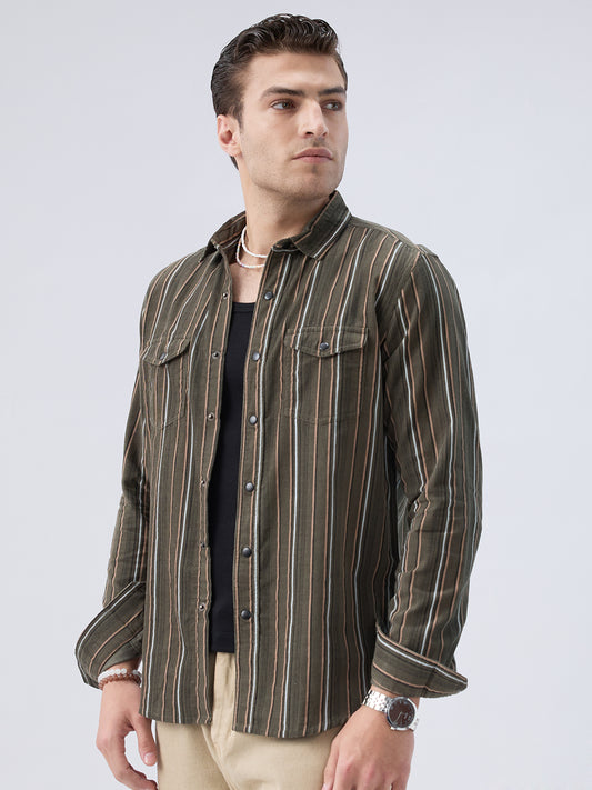 Forest Vibe Multi-Stripe Olive Twin Pocket Corduroy Shirt