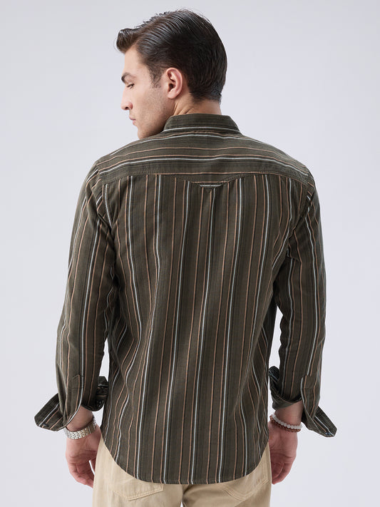 Forest Vibe Multi-Stripe Olive Twin Pocket Corduroy Shirt