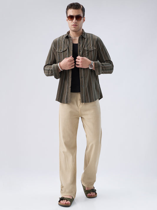 Forest Vibe Multi-Stripe Olive Twin Pocket Corduroy Shirt