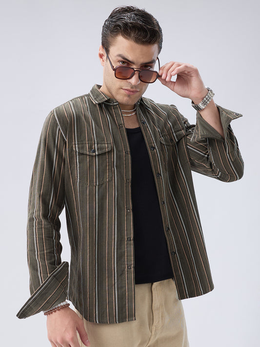 Forest Vibe Multi-Stripe Olive Twin Pocket Corduroy Shirt