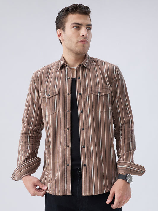 Rustic Bark Brown Multi-Stripe Twin Pocket Corduroy Shirt