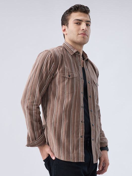 Rustic Bark Brown Multi-Stripe Twin Pocket Corduroy Shirt