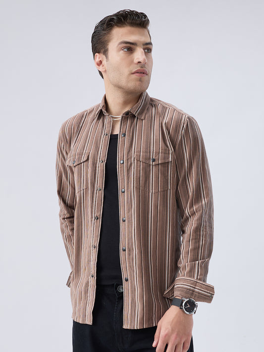 Rustic Bark Brown Multi-Stripe Twin Pocket Corduroy Shirt