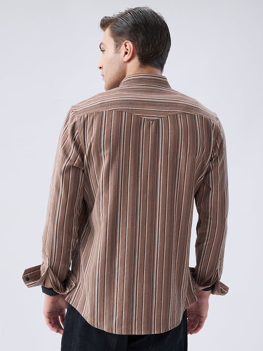 Rustic Bark Brown Multi-Stripe Twin Pocket Corduroy Shirt