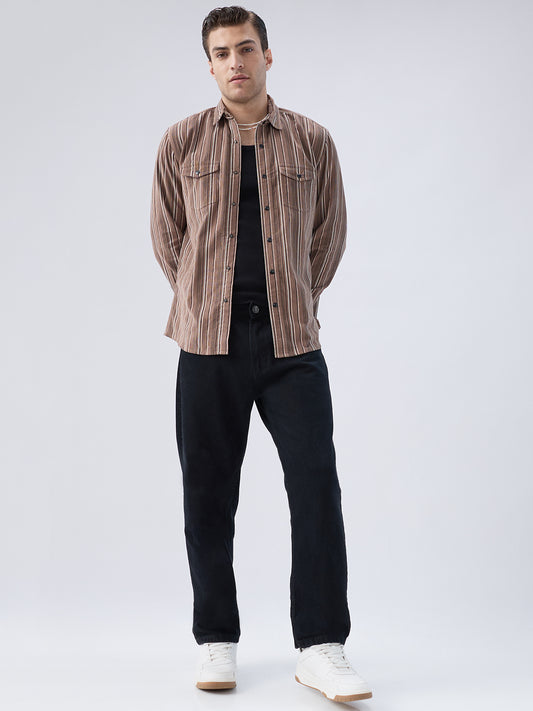 Rustic Bark Brown Multi-Stripe Twin Pocket Corduroy Shirt