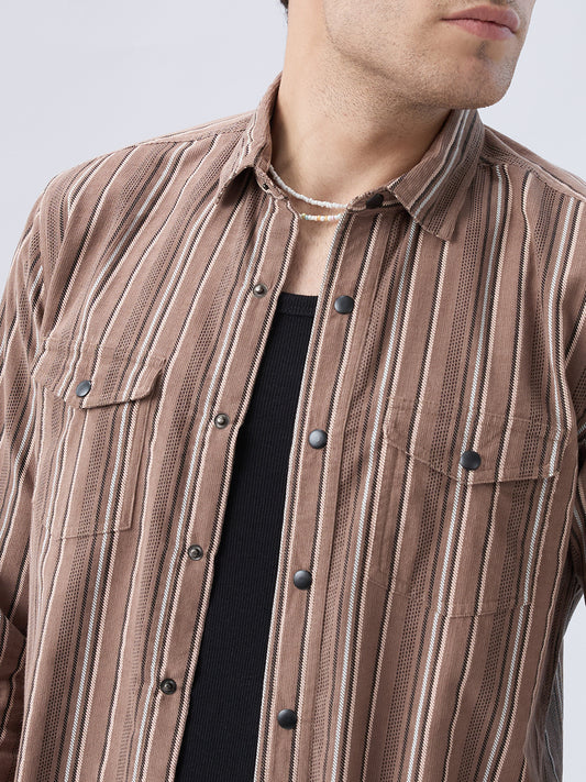 Rustic Bark Brown Multi-Stripe Twin Pocket Corduroy Shirt