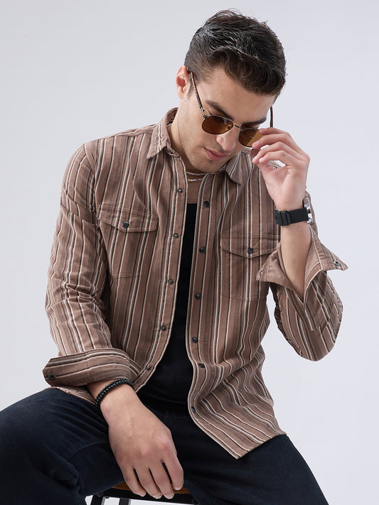 Rustic Bark Brown Multi-Stripe Twin Pocket Corduroy Shirt