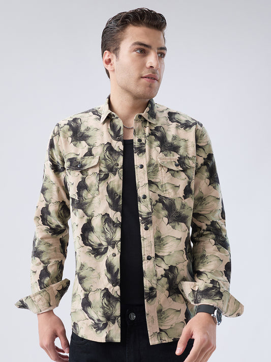 Nature Inspired Abstract Printed Double Pocket Corduroy Shirt