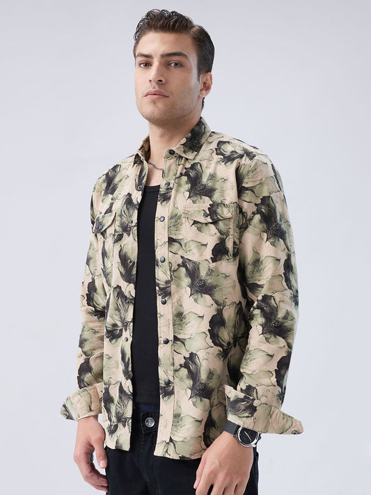 Nature Inspired Abstract Printed Double Pocket Corduroy Shirt