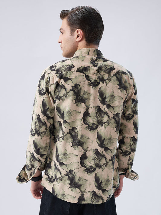Nature Inspired Abstract Printed Double Pocket Corduroy Shirt