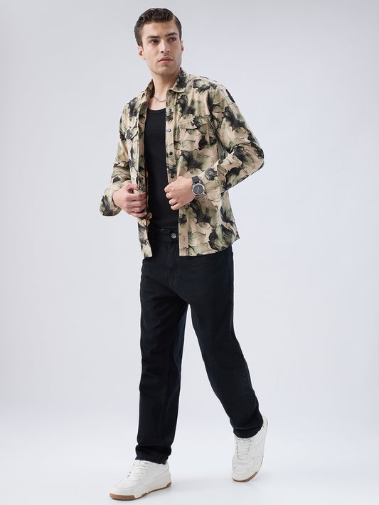 Nature Inspired Abstract Printed Double Pocket Corduroy Shirt