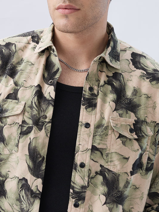 Nature Inspired Abstract Printed Double Pocket Corduroy Shirt