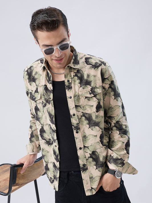 Nature Inspired Abstract Printed Double Pocket Corduroy Shirt