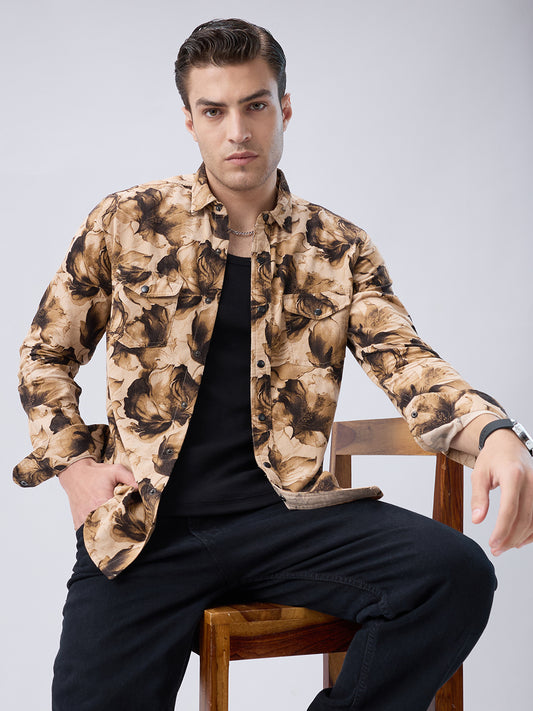 Rustic Beige Botanical Printed Double Pocket Corduroy Shirt