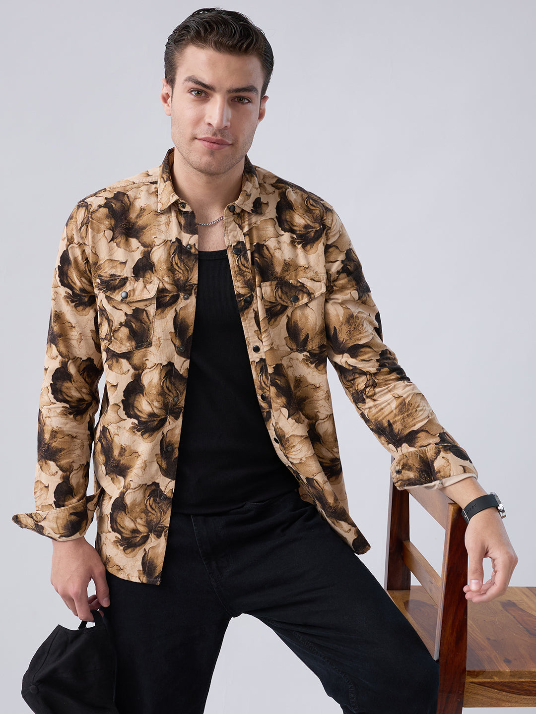 Rustic Beige Botanical Printed Double Pocket Corduroy Shirt