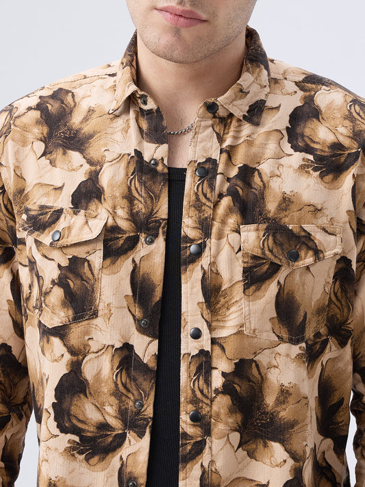 Rustic Beige Botanical Printed Double Pocket Corduroy Shirt