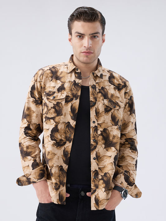 Rustic Beige Botanical Printed Double Pocket Corduroy Shirt