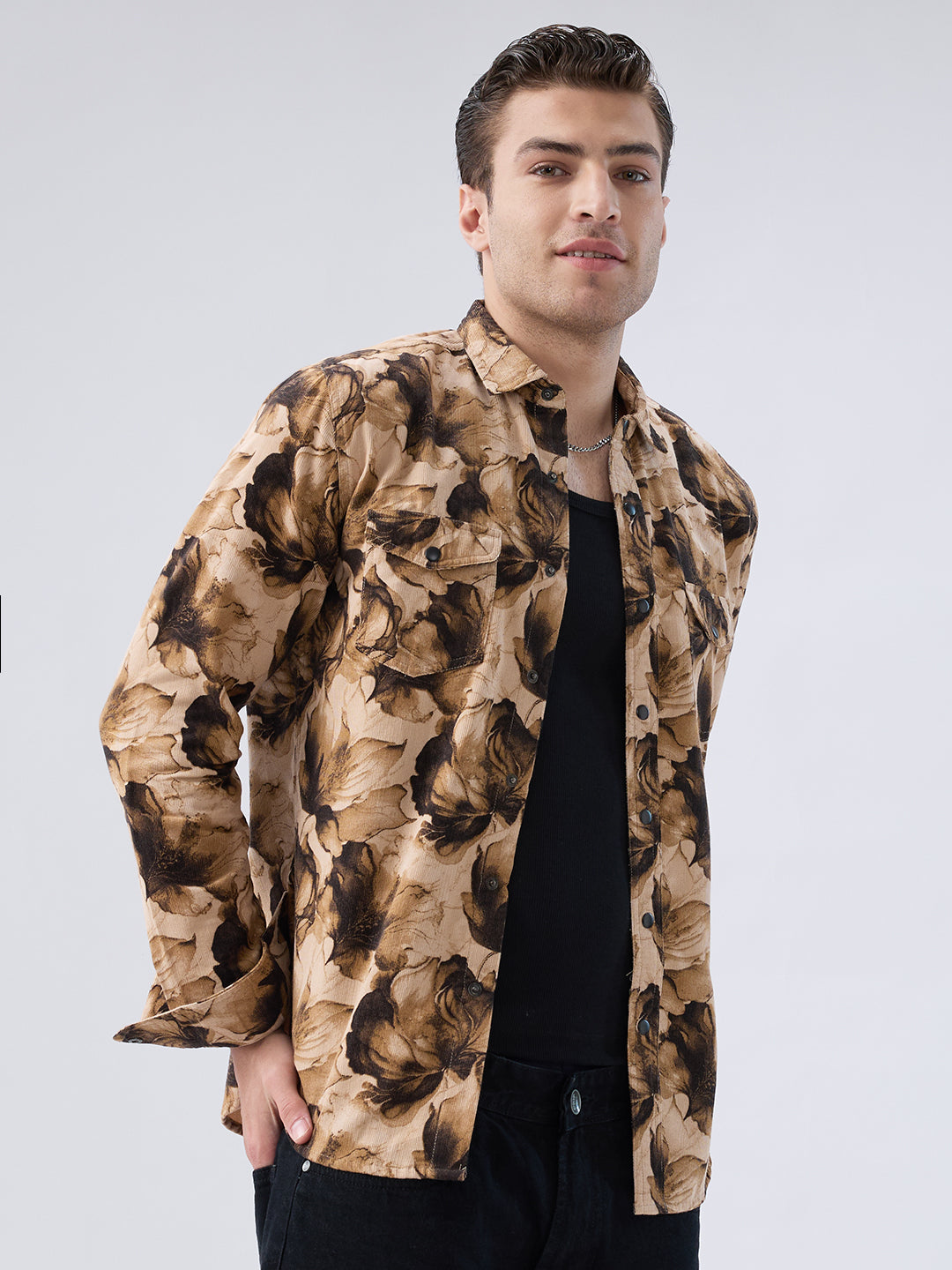 Rustic Beige Botanical Printed Double Pocket Corduroy Shirt