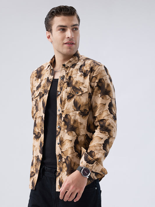 Rustic Beige Botanical Printed Double Pocket Corduroy Shirt