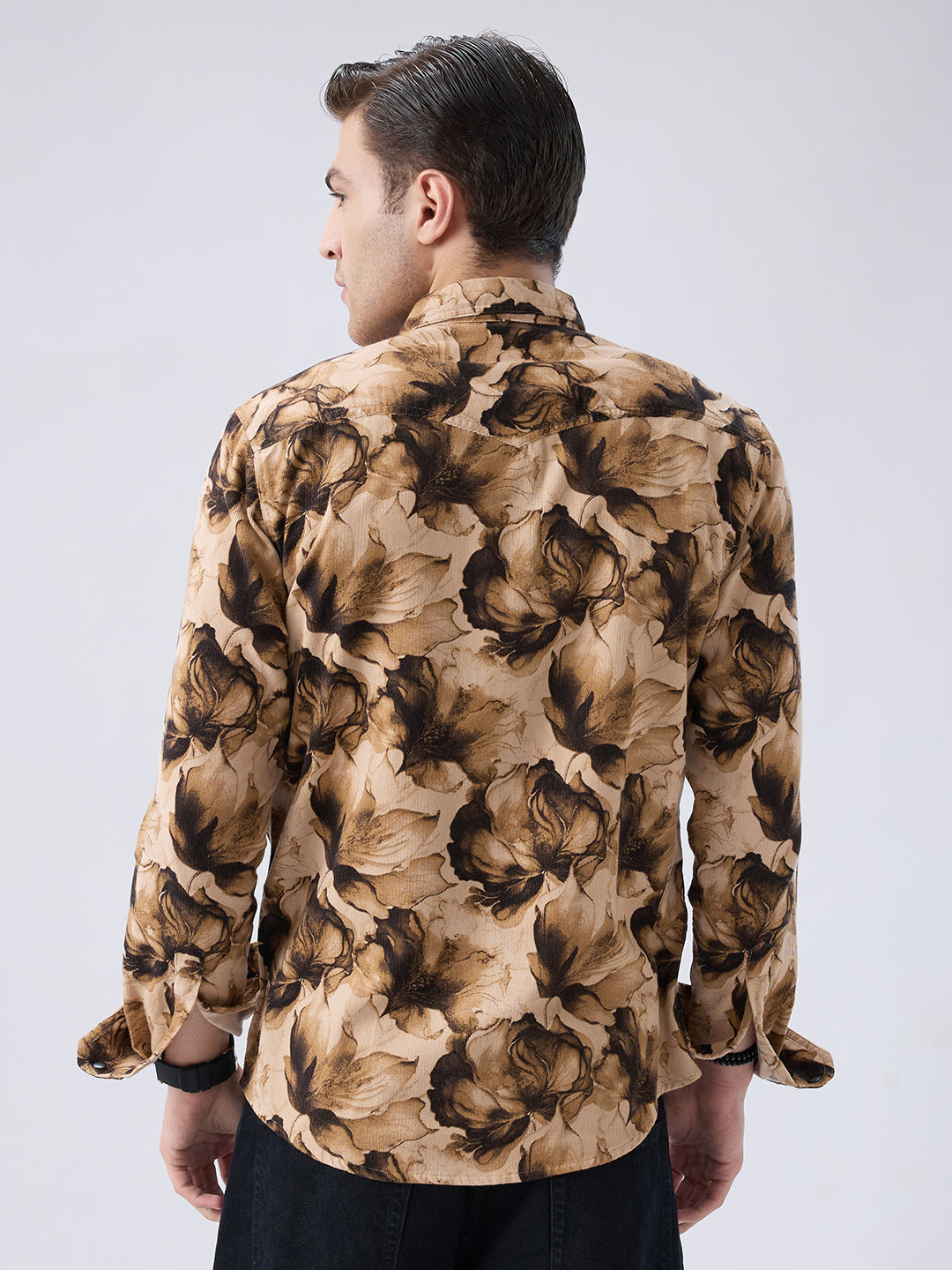 Rustic Beige Botanical Printed Double Pocket Corduroy Shirt