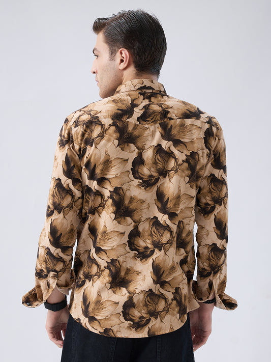 Rustic Beige Botanical Printed Double Pocket Corduroy Shirt