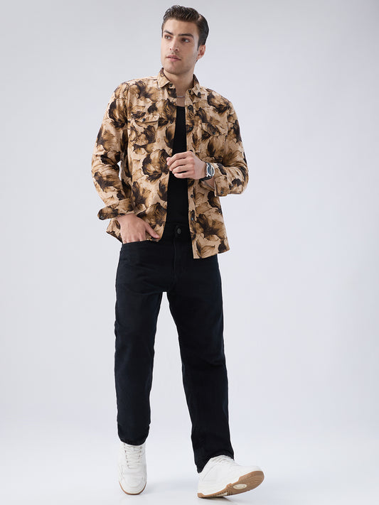 Rustic Beige Botanical Printed Double Pocket Corduroy Shirt